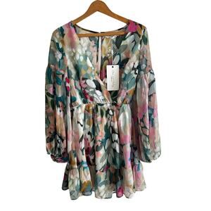 One and Only Collective Floral Deep V Neck Balloon Sleeve Mini Dress Medium
